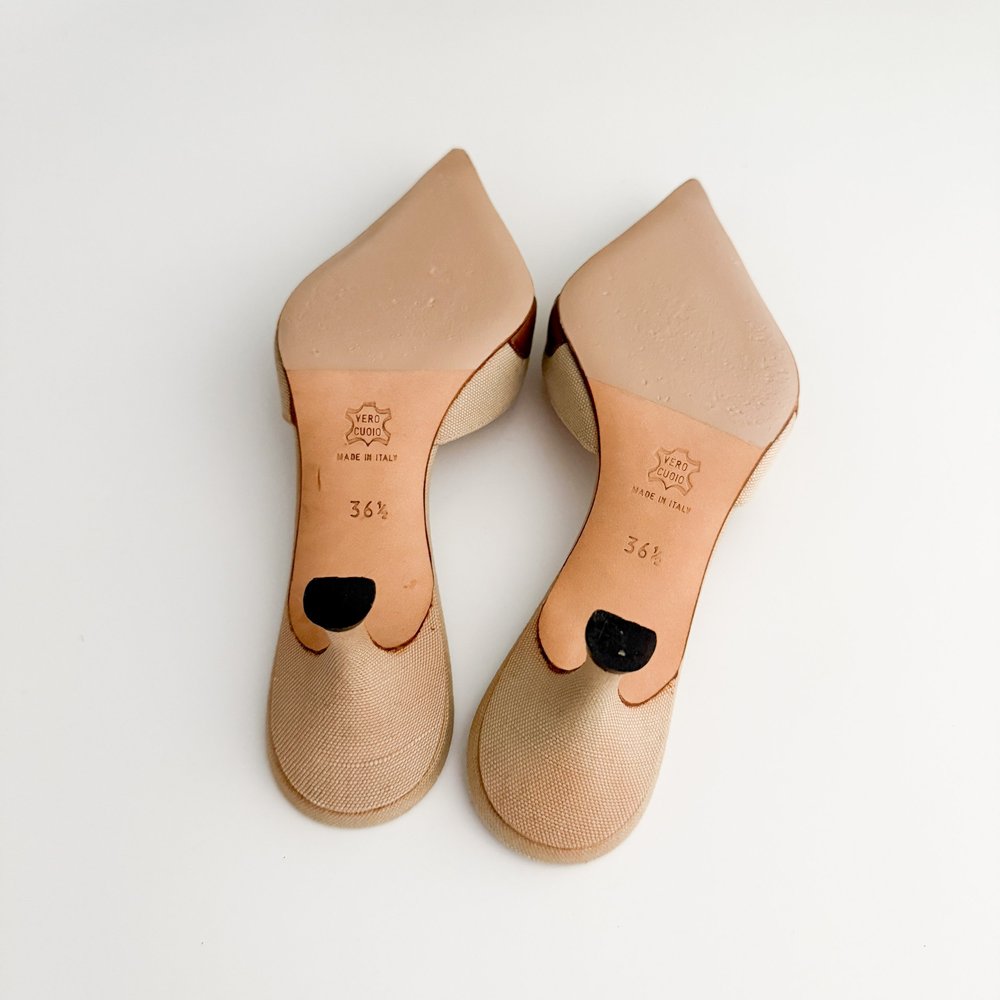 Manolo Blahnik Brown Leather Polka Dot Canvas Mule Heels (IT 36.5